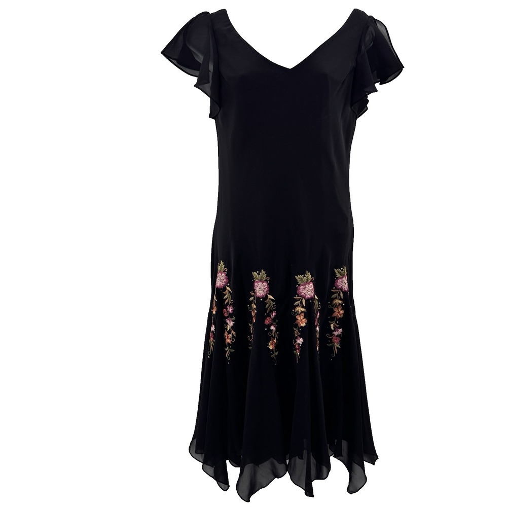 Vintage Y2K Whimsigoth Dress 6P Sheer Handkerchief Hem Floral Embroidered Sequin